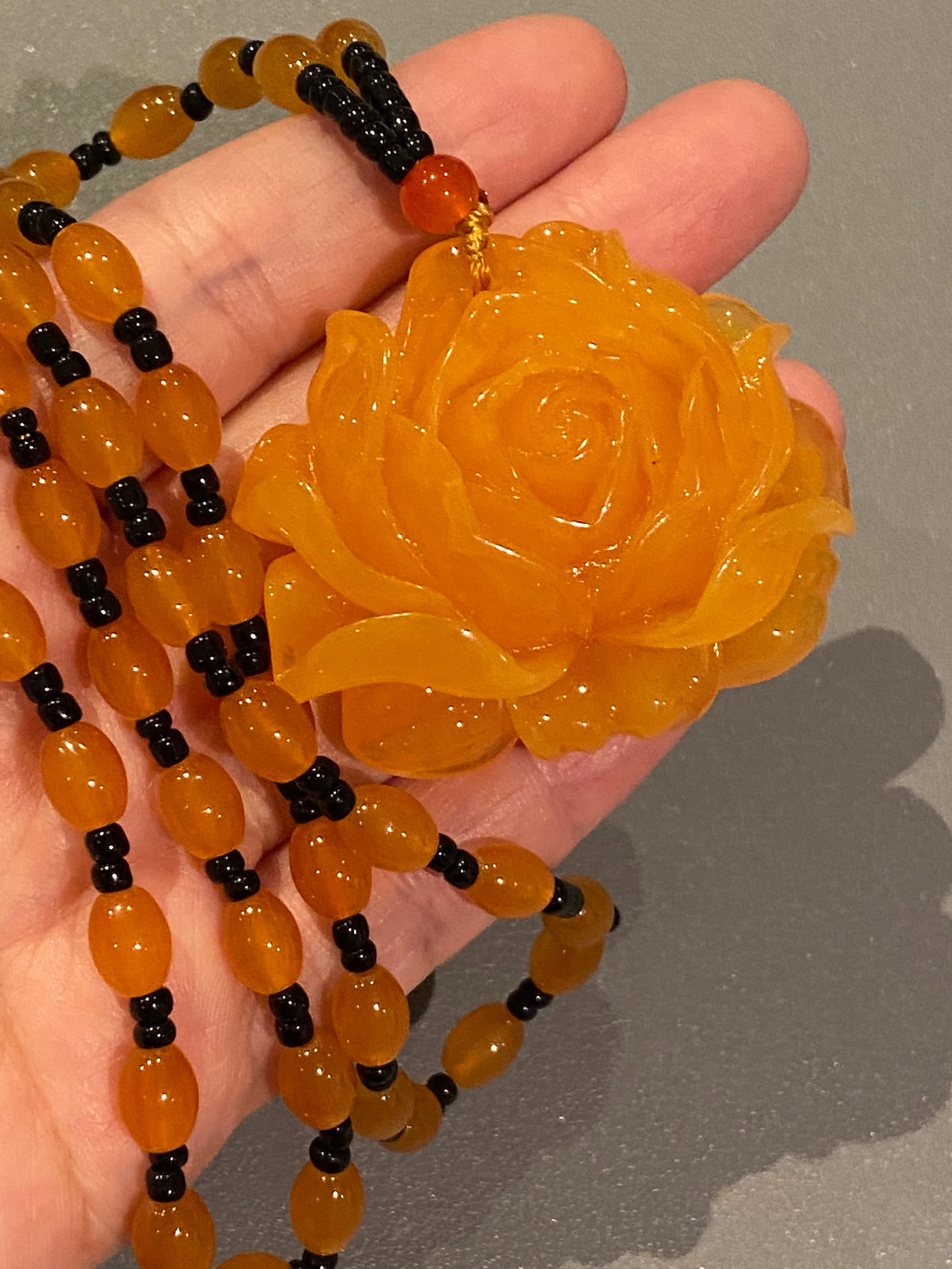 Amber-like Hand Carved Large Flower Pendant with Beaded Chain - 6