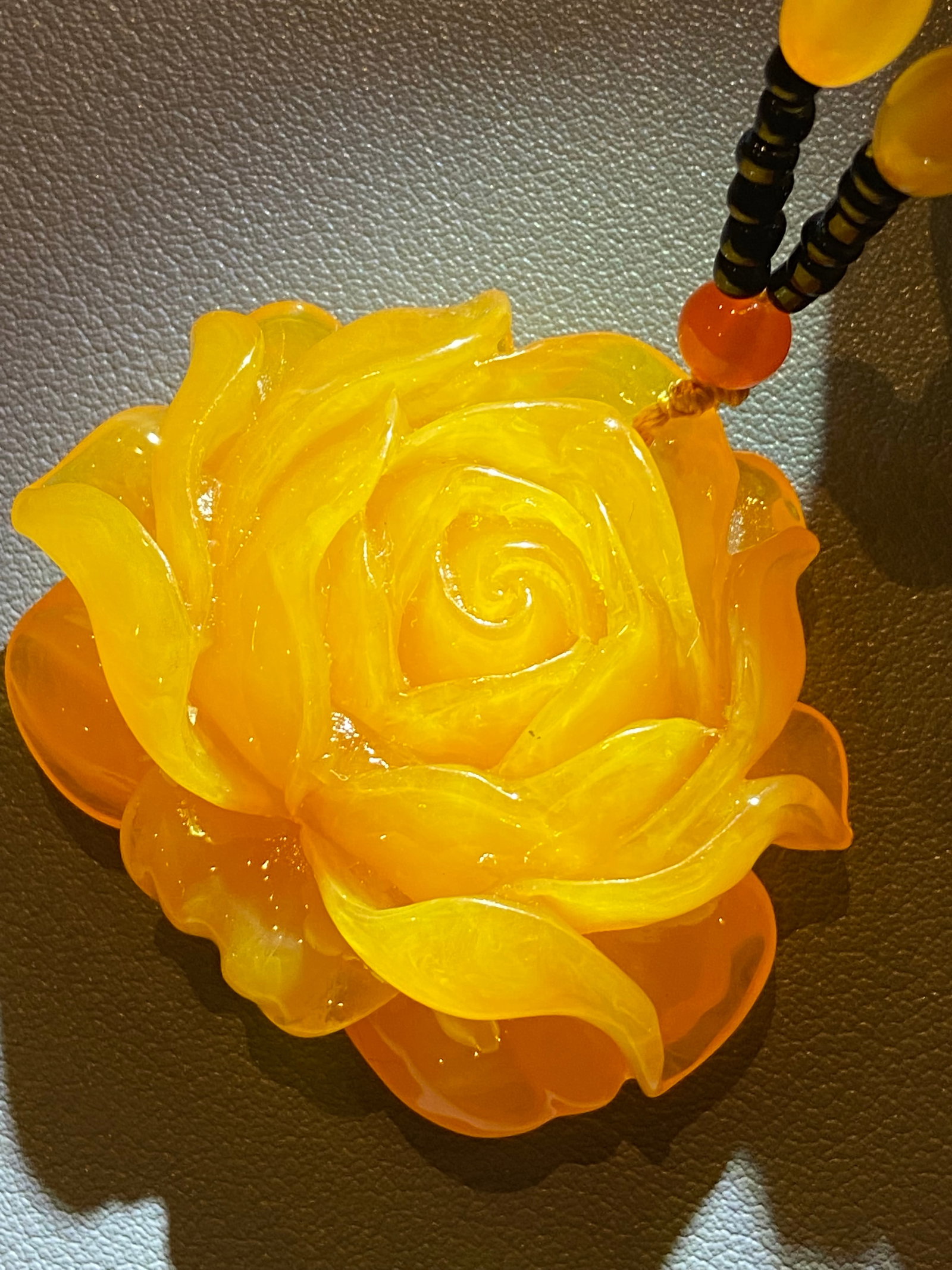 Amber-like Hand Carved Large Flower Pendant with Beaded Chain - 7