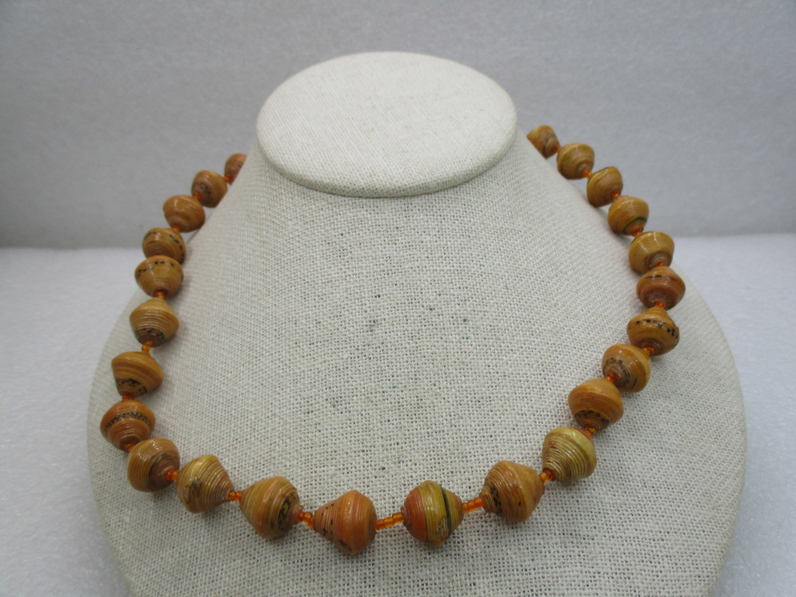 Vintage Tan Celluloid/Plastic Beaded Necklace 19.5", Conical Beads, Wrapped Design, Mid-Century - 2
