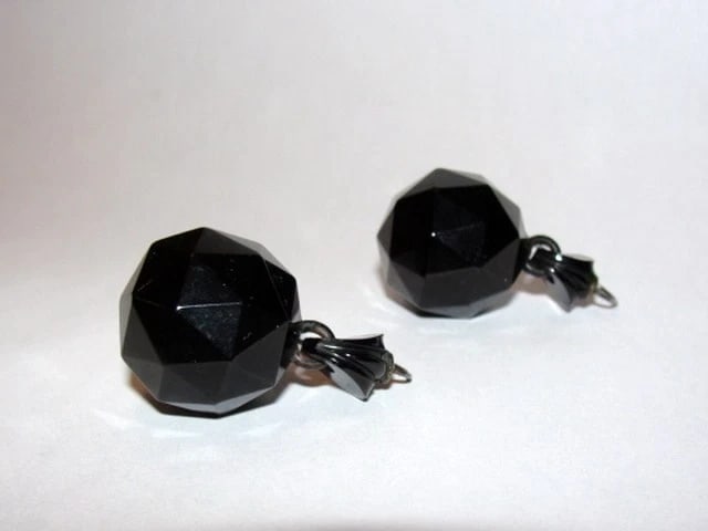 Victorian Gutta Percha Steel Pyramid Dangle Ball Drop Earrings - 4