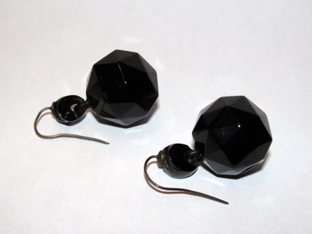 Victorian Gutta Percha Steel Pyramid Dangle Ball Drop Earrings - 5