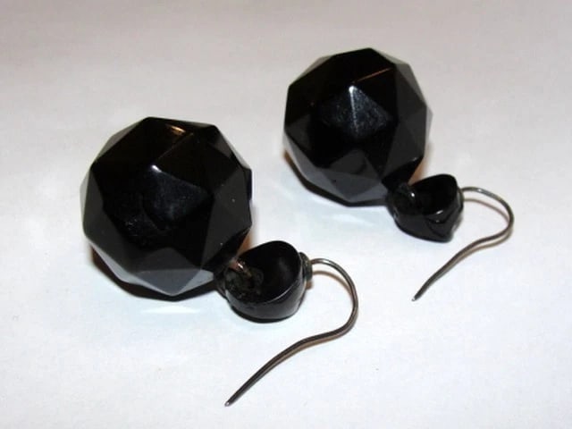 Victorian Gutta Percha Steel Pyramid Dangle Ball Drop Earrings - 6