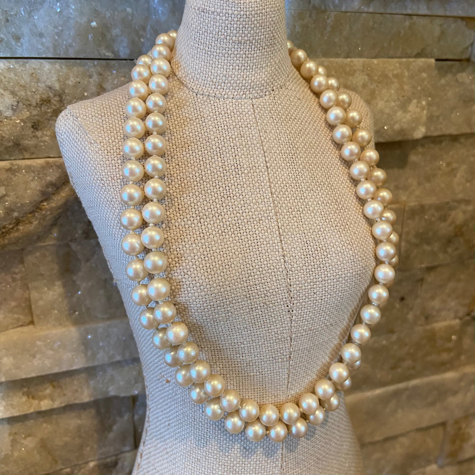 Vintage Double Strand Glass Pearl Choker Necklace - 3