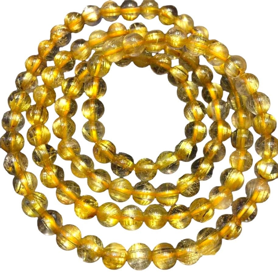 Natural Gold Rutilated Quartz Crystal 3 Laps Bracelet/Necklace: Title: Natural Gold Rutilated Quartz Crystal 3 Laps Bracelet/Necklace Description:Golden Rutilated Stretchable Bracelet. Best AAA Quality Gemstone Beads. Already Activated, Energized & Ready to wear
