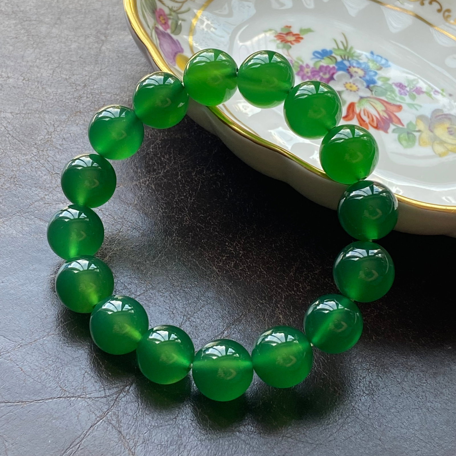 12mm Natural Imperial Green Chalcedony Jade Bead Bracelet - 2