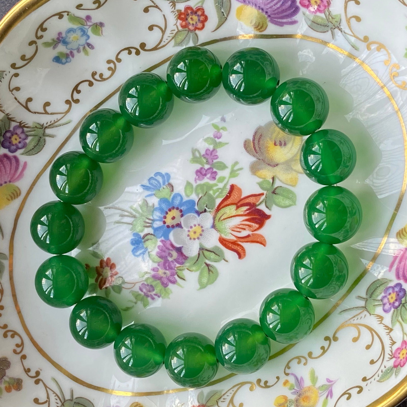12mm Natural Imperial Green Chalcedony Jade Bead Bracelet - 6