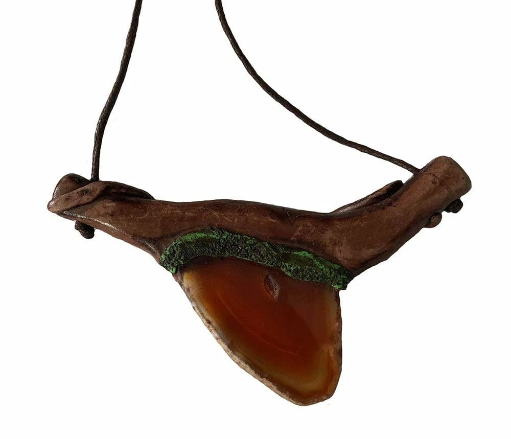 Polymer Clay Banded Agate New Brown Artisan Hand Made Necklace with Leaves - 3