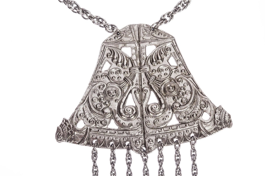 Vintage Silver Tone Etruscan Inspired Bell Tassel Necklace - 3
