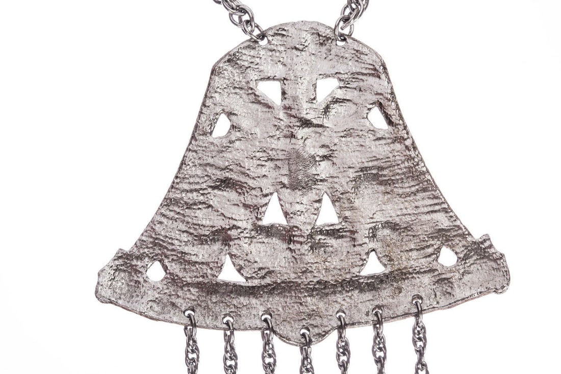 Vintage Silver Tone Etruscan Inspired Bell Tassel Necklace - 4