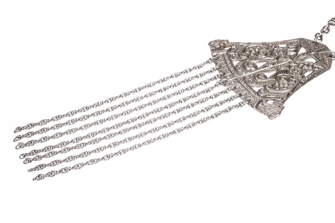 Vintage Silver Tone Etruscan Inspired Bell Tassel Necklace - 5