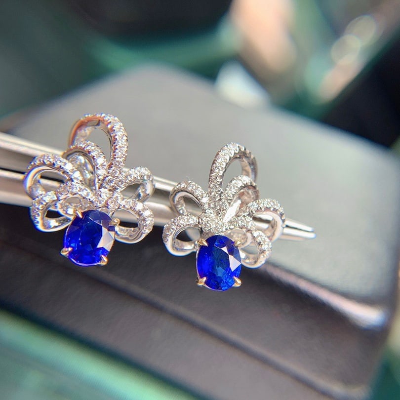 14K GOLD 1 CT NATURAL SAPPHIRE & DIAMOND EARRINGS - 3