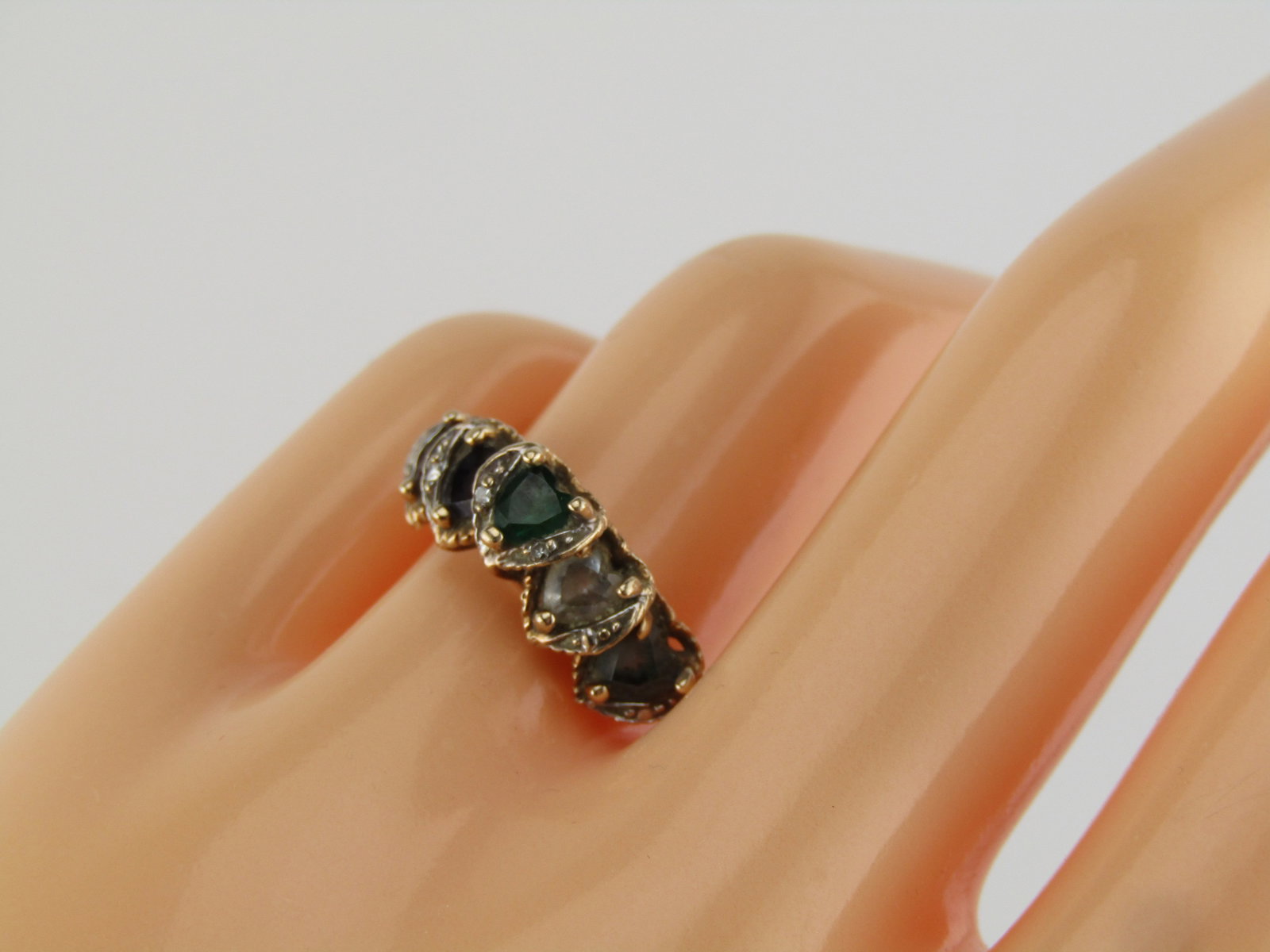 Vintage 10kt Tiered Gemstone Heart Ring, Sz. 9. Signed AAJ. 1960's-1970's - 7