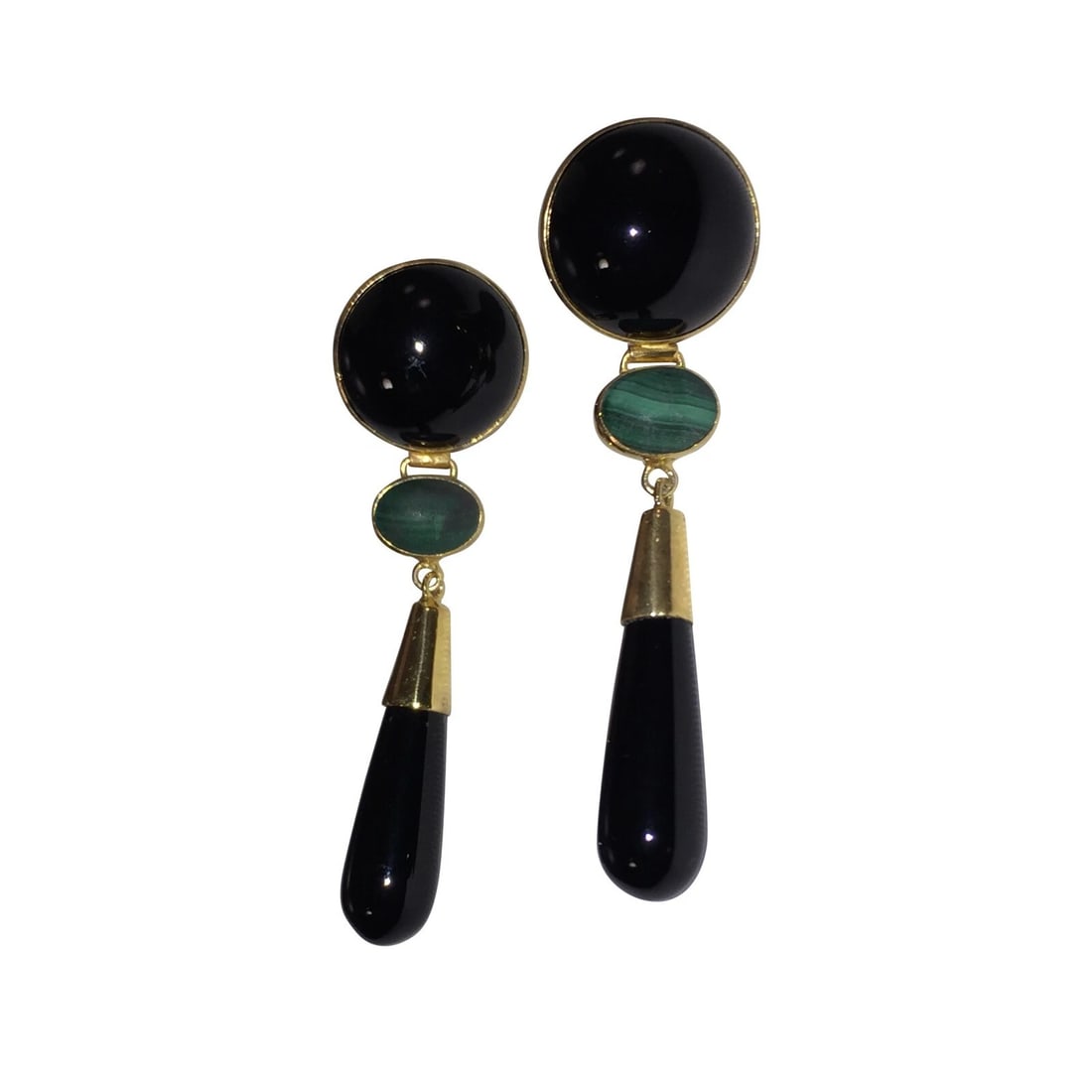 Chinese 18 kt Gold Plated Sterling Onyx and Malachite Drop Earrings - 2