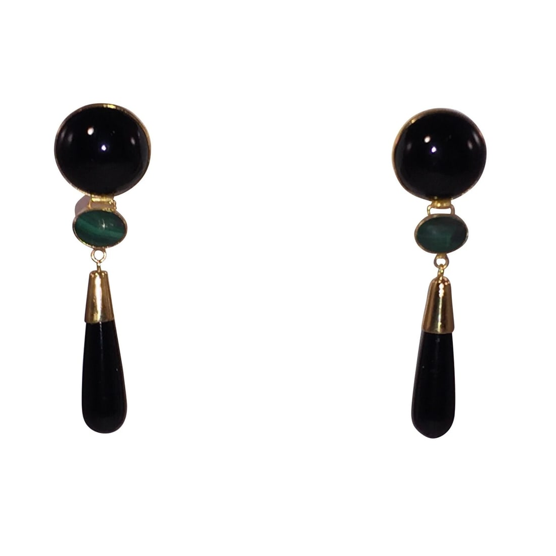 Chinese 18 kt Gold Plated Sterling Onyx and Malachite Drop Earrings - 3