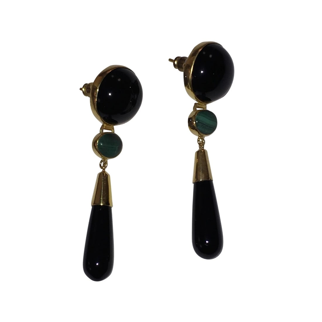 Chinese 18 kt Gold Plated Sterling Onyx and Malachite Drop Earrings - 4