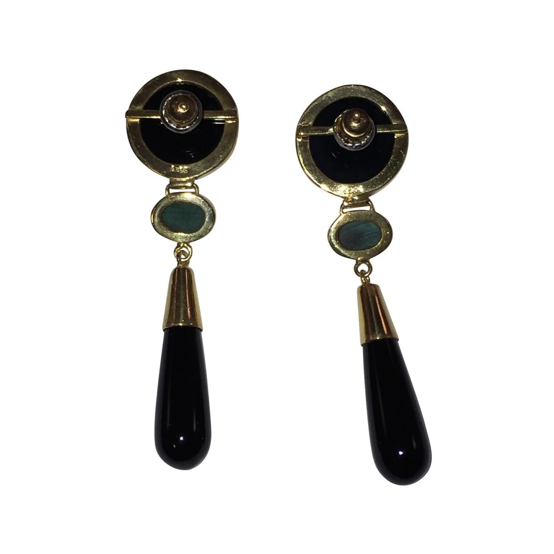 Chinese 18 kt Gold Plated Sterling Onyx and Malachite Drop Earrings - 5