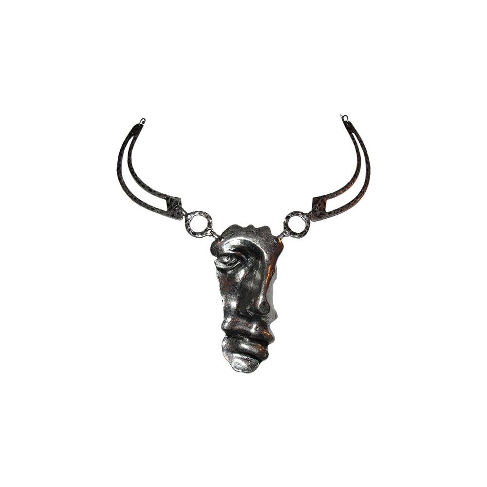 Abstract Silver Plated Figural Face Necklace - 2