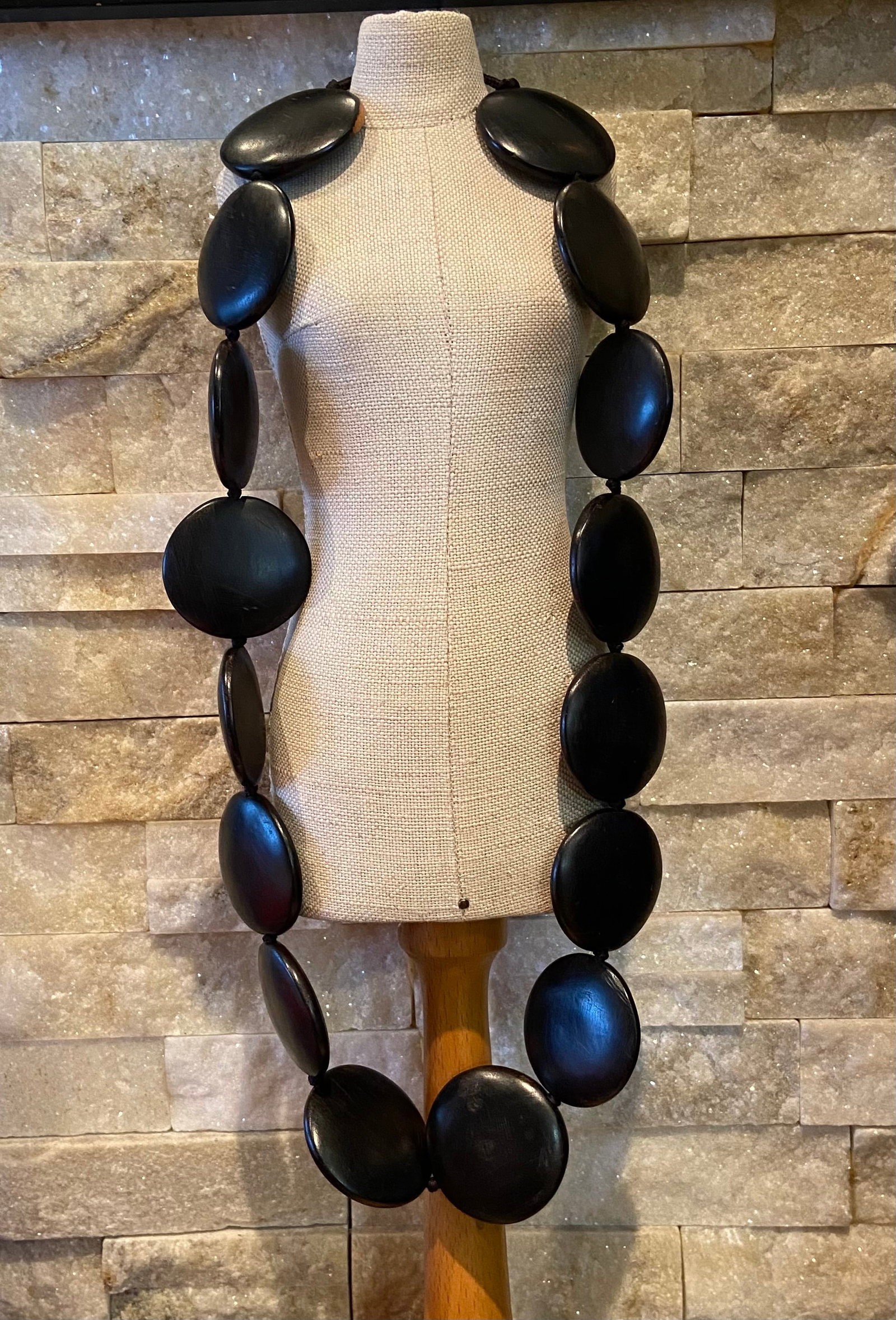 Huge Black Ebony Disc Beads African Tribal Statement Necklace - 2