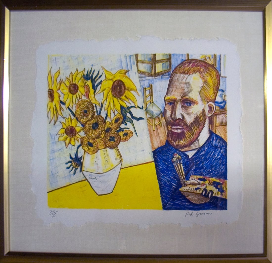 Red Grooms - van Gogh with Sunflowers - 1988 Lithograph - SIGNED 34" x 22": Title: Red Grooms - van Gogh with Sunflowers - 1988 Lithograph - SIGNED 34" x 22" Description: "van Gogh with Sunflowers" by Red Grooms, 1988 Signed Lithograph. Paper size is 34 x 22 inches, with an