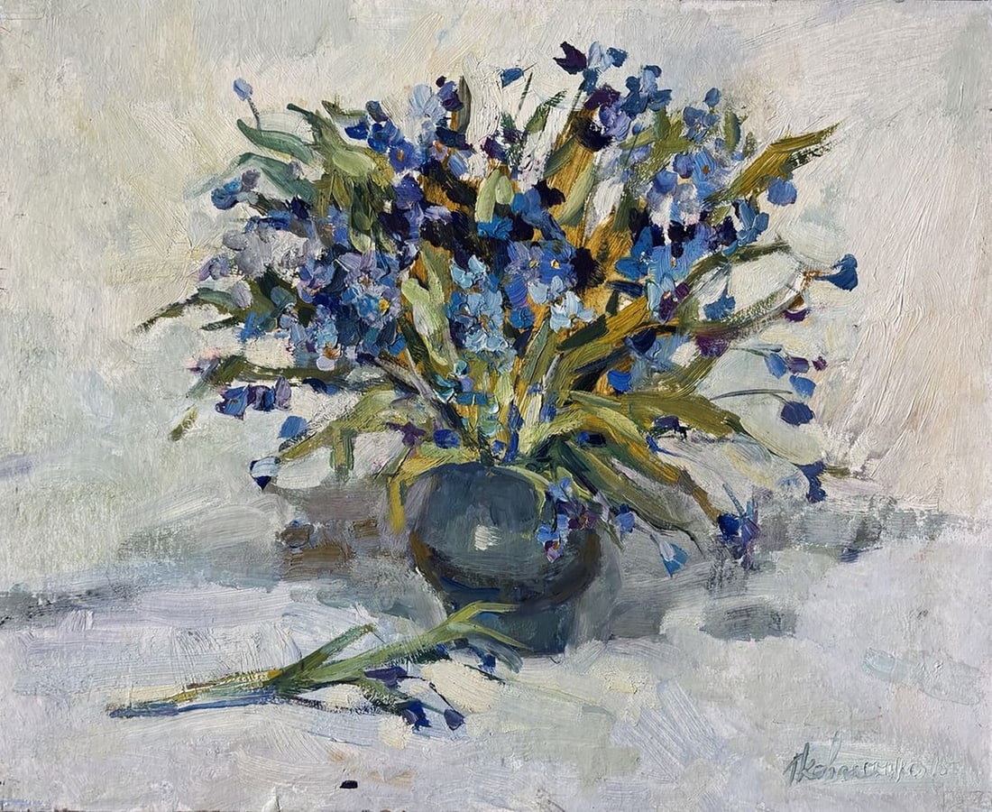 Oil painting Still life with blue flowers Ivan Kovalenko: Title: Oil painting Still life with blue flowers Ivan Kovalenko Description: NoKoval 249*** ABOUT THIS PAINTING **** TITLE: "Still life with blue flowers" * ARTISTS: Ivan Kovalenko* SIZE: 40x50 cm/'15