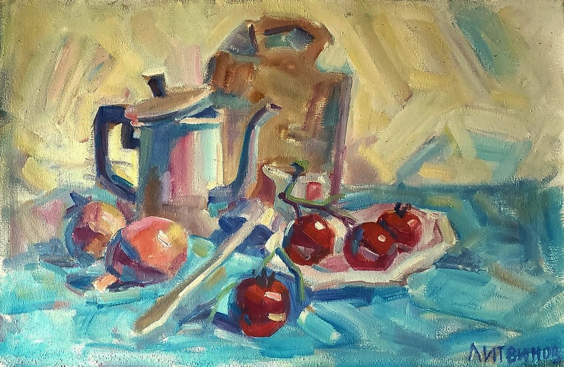 Oil painting Still life with tomatoes Daniil Litvinov: Title: Oil painting Still life with tomatoes Daniil Litvinov Description: NoLitv 1246*** ABOUT THIS PAINTING **** TITLE: "Still life with tomatoes"* ARTISTS: Daniil Litvinov* SIZE: 39x59 cm/'15.35x23.