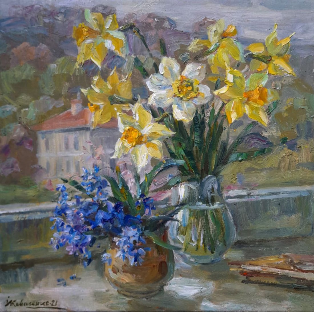 Oil painting Daffodils in vase Ivan Kovalenko: Title: Oil painting Daffodils in vase Ivan Kovalenko Description: NoKoval 246The Oil painting on canvas titled "Daffodils in vase" is a vibrant celebration of springtime, a composition that captures