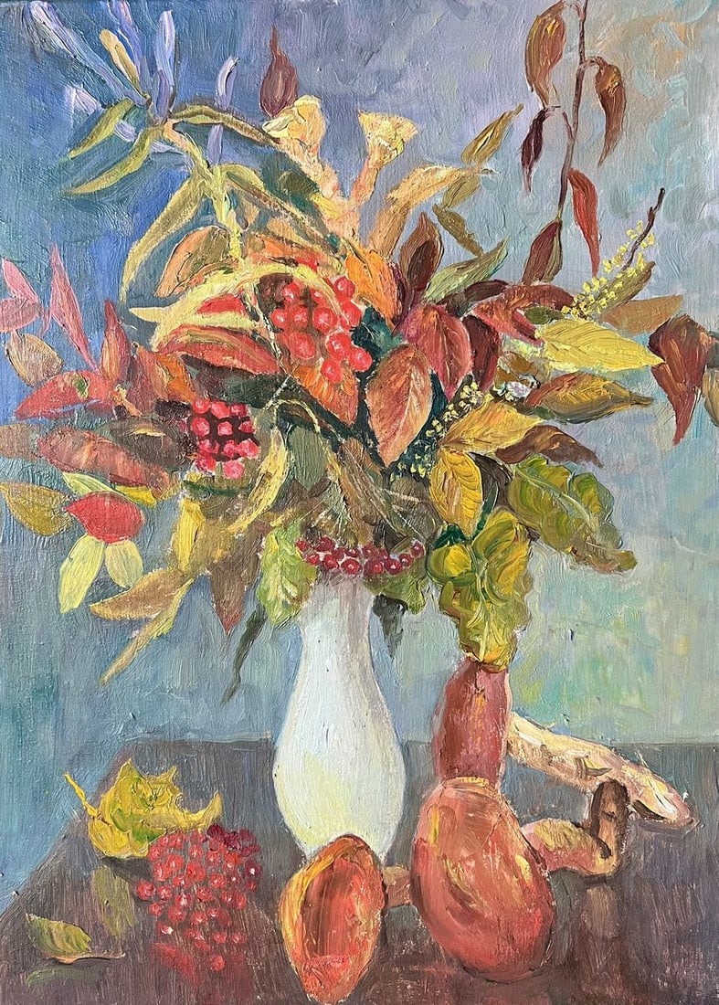 Oil painting Autumn still life V. Mishurovsky: Title: Oil painting Autumn still life V. Mishurovsky Description: No124"Autumn Still Life" by Viktor Myshurovsky is a vibrant and texturally rich depiction of the season's bounty. This painting