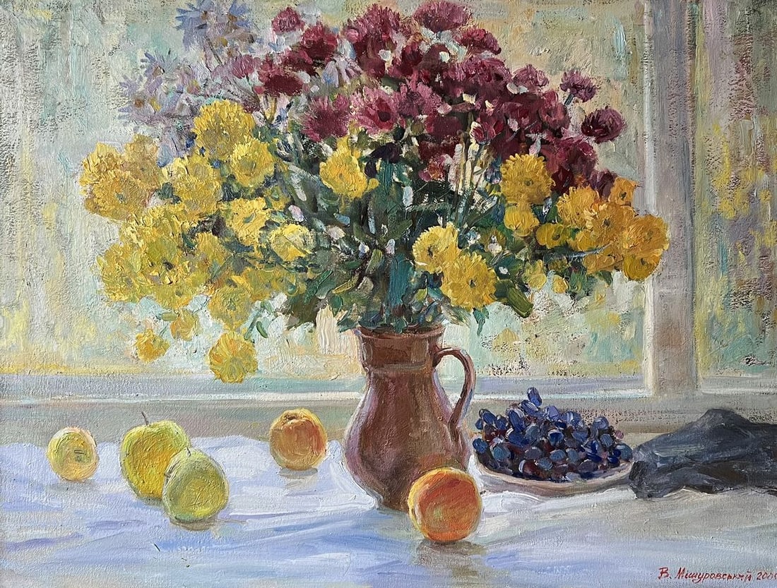 Oil painting Autumn has come V. Mishurovsky: Title: Oil painting Autumn has come V. Mishurovsky Description: No135"Autumn Has Come" by Viktor Myshurovsky captures the essence and vibrancy of the autumn season through a still life composition.