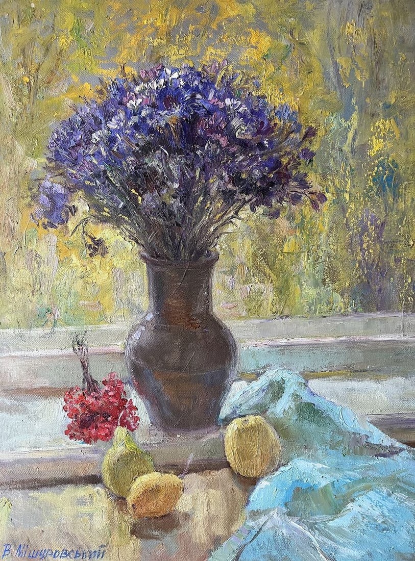 Oil painting Autumn still life V. Mishurovsky: Title: Oil painting Autumn still life V. Mishurovsky Description: No142"Autumn Still Life" by Viktor Myshurovsky is a vibrant and texturally rich painting that captures the essence of autumn through
