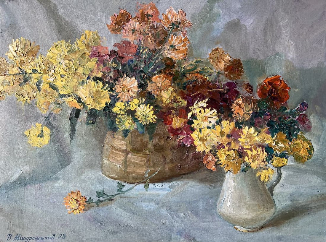 Oil painting Chrysanthemums on the table V. Mishurovsky: Title: Oil painting Chrysanthemums on the table V. Mishurovsky Description: No148"Chrysanthemums on the Table" by Viktor Myshurovsky captures the vibrant beauty of chrysanthemums arranged in a