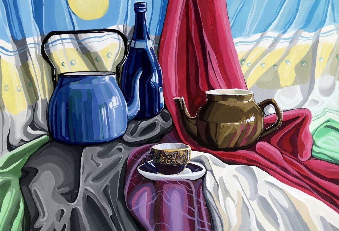 Acrylic painting Tea Table Unknown artist: Title: Acrylic painting Tea Table Unknown artist Description: NoAAA2746 The painting features a blue teapot and a brown cup with a black ornament, both placed on a table. The teapot's blue color has a