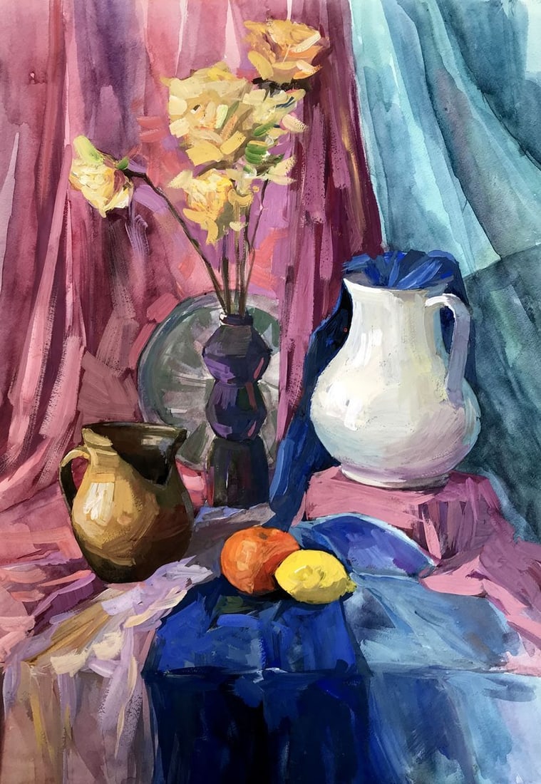 Gouache painting Roses on the table Unknown artist: Title: Gouache painting Roses on the table Unknown artist Description: NoAAA2753 The painting is a still life depicted in gouache, with a vibrant and cheerful color palette. In the foreground, there i