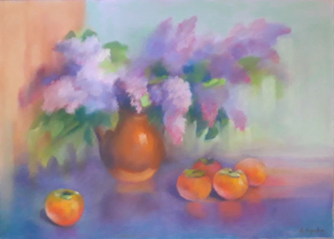 Pastel painting Persimmon and lilac Serdyuk Boris Petrovich: Title: Pastel painting Persimmon and lilac Serdyuk Boris Petrovich Description: NoSERB 382 * TITLE: "Persimmon and lilac" * ARTISTS: Serdyuk Boris Petrovich * SIZE: 50x70 cm/'19.68x27.55 inches' *
