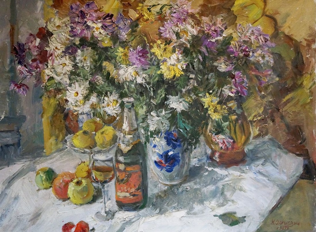 Oil painting Anniversary Still Life I. Olishevich: Title: Oil painting Anniversary Still Life I. Olishevich Description: NoVern 692 *** ABOUT THIS PAINTING *** * TITLE: "Anniversary Still Life" * ARTISTS: I. Olishevich * SIZE: 60x65 cm/'23.62x25.59 in