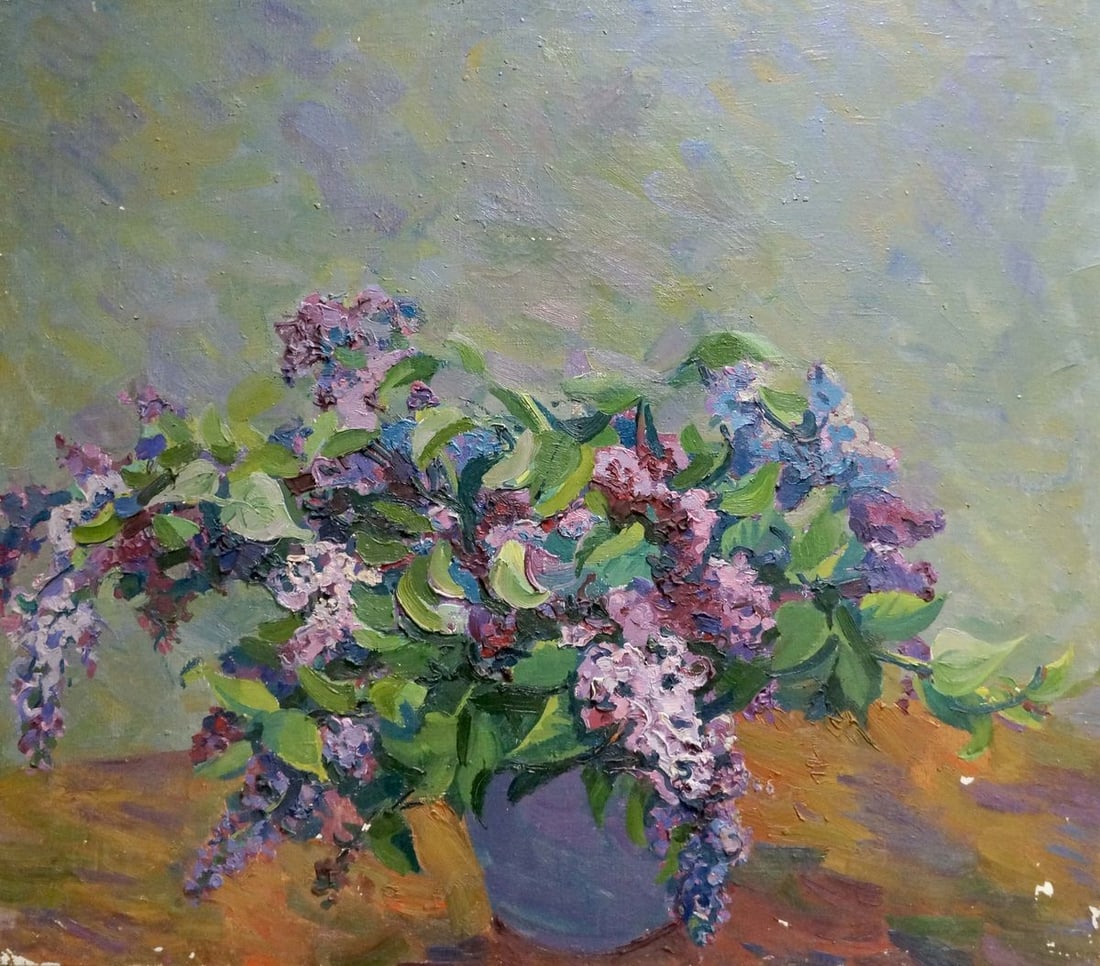 Oil painting Lilac bouquet: Title: Oil painting Lilac bouquet Description: NoVern 954 *** ABOUT THIS PAINTING *** * TITLE: "Lilac bouquet" * ARTISTS: Unknown artist * SIZE: 75x65 cm/'29.52x29.59 inches' * MEDIUM: oil, canvas *