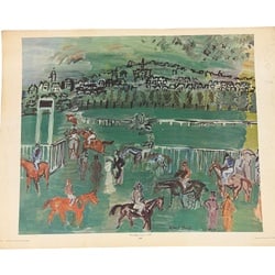 Raoul Dufy, "The Race Track," 1928, Offset Lithograph: An offset lithograph depicting "The Race Track" by Raoul Dufy, dated 1928. This vibrant piece captures a lively horse racing scene with Dufy's characteristic loose brushstrokes and bright palette,