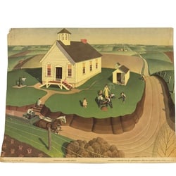 Grant Wood (1891-1942), "Arbor Day," Lithograph, 1937: This limited edition, signed lithograph by Grant Wood, titled "Arbor Day," depicts a stylized American rural scene characteristic of the Regionalism movement. Created in 1937, the print features a