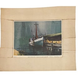Mae H. Bertoni Signed Limited Edition Print "Gloucester, Mass.": This lot features a limited edition print by Mae H. Bertoni titled "Gloucester, Mass." The print depicts a boat docked alongside a pier, with seagulls flying overhead. The artwork is signed by the