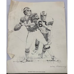 Richard Todd "Loads Up For a Bomb." Autographed Drawing by Nick Gatto: This lot features an original drawing by Nick Gatto, depicting New York Jets quarterback Richard Todd "loading up for a bomb." The drawing, rendered in pencil or charcoal on paper, captures a dynamic