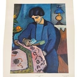 Marc Chagall, "Blue Girl Reading Book" Print: This is a vibrant print titled "Blue Girl Reading Book" by Marc Chagall, published by Shorewood Press. The artwork features a young woman engrossed in a book, rendered in bold blues, greens, and