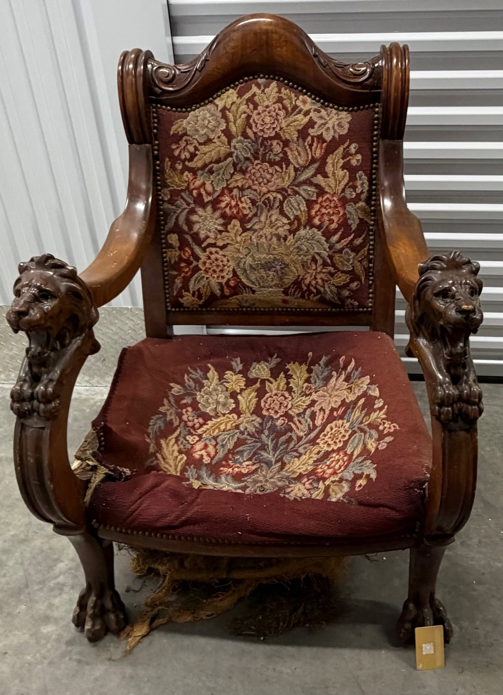 Victorian Carved Mahogany Armchair with Lion Heads and Needlepoint Upholstery - 2