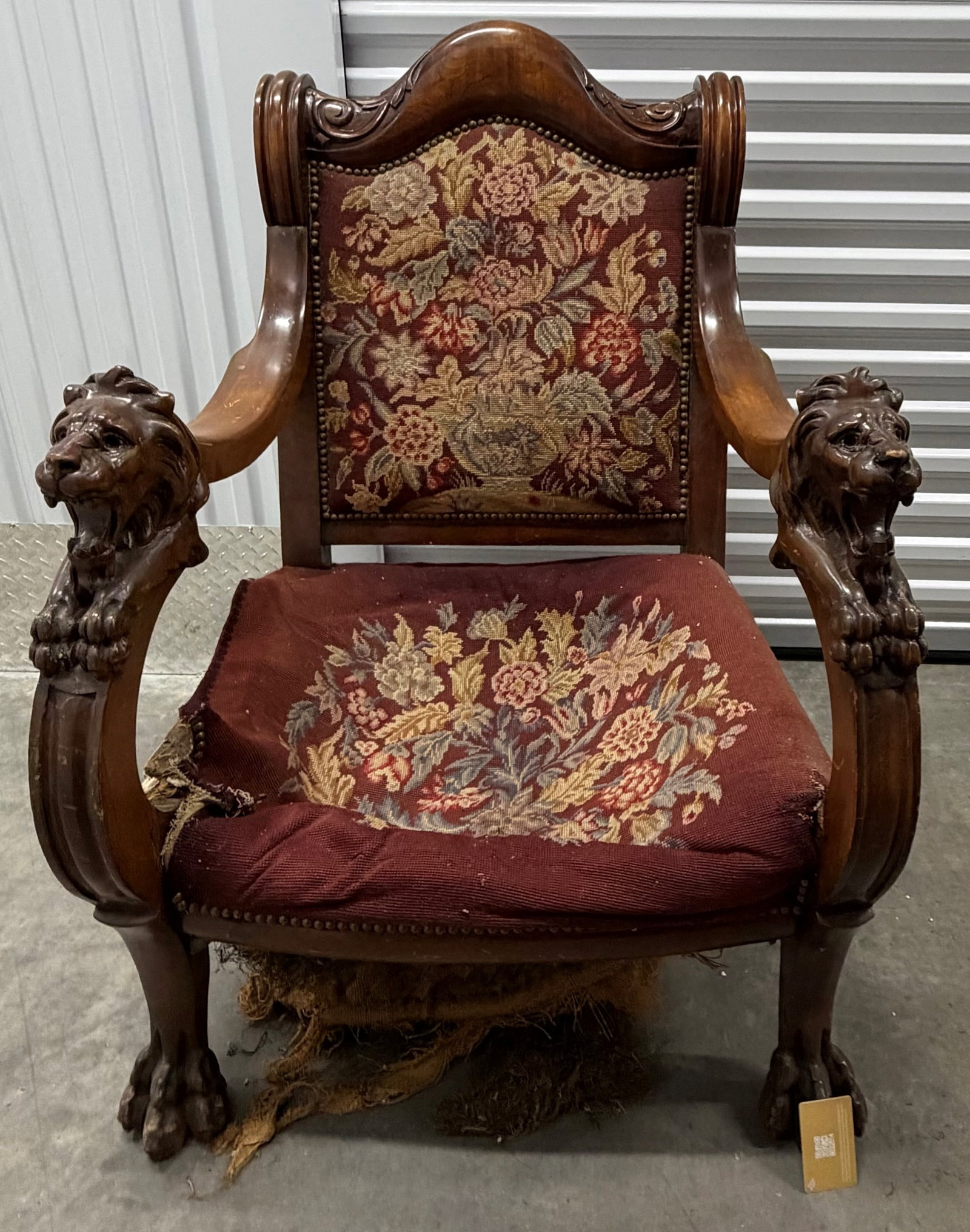 Victorian Carved Mahogany Armchair with Lion Heads and Needlepoint Upholstery - 4
