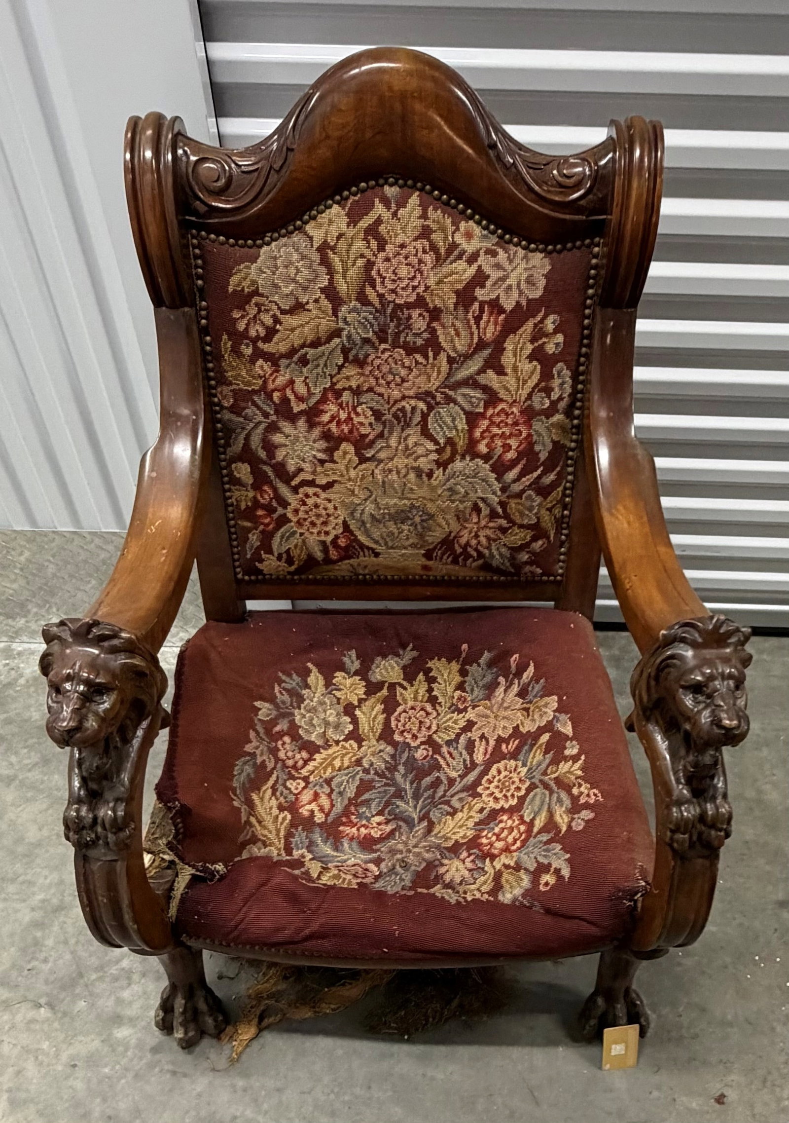 Victorian Carved Mahogany Armchair with Lion Heads and Needlepoint Upholstery - 5