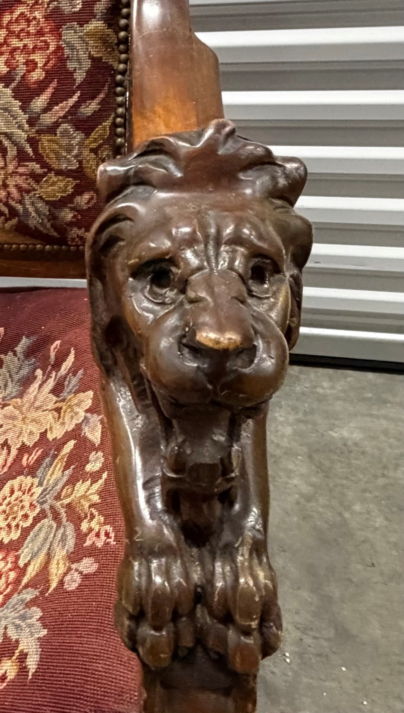 Victorian Carved Mahogany Armchair with Lion Heads and Needlepoint Upholstery - 6