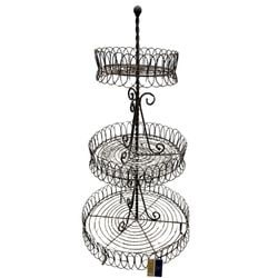 Three-Tiered Wrought Iron Garden Etagere/Plant Stand: This charming three-tiered wrought iron etagere, likely from the early to mid-20th century, features an ornate and rustic design. Each circular tier is constructed with a decorative scalloped edge