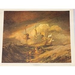 J.M.W. Turner Print, "Boats Carrying out Anchors to the Dutch Men of War": A color print of J.M.W. Turner's painting, "Boats Carrying out Anchors to the Dutch Men of War". The print depicts a dramatic naval scene with rough seas and a stormy sky, characteristic of Turner's