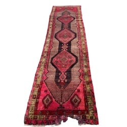 Hand-Knotted 100% Wool Persian Tribal Runner Rug: A hand-knotted runner rug, likely Persian and tribal in origin, made of 100% wool. The rug features a striking central design with multiple diamond-shaped medallions in shades of deep red, black, and