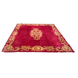 Large Aubusson Design Area Rug, Late 20th Century: This large area rug features a classic Aubusson-style design with a central medallion and an ornate scrolling foliate border in gold against a rich red ground. The design is characteristic of late