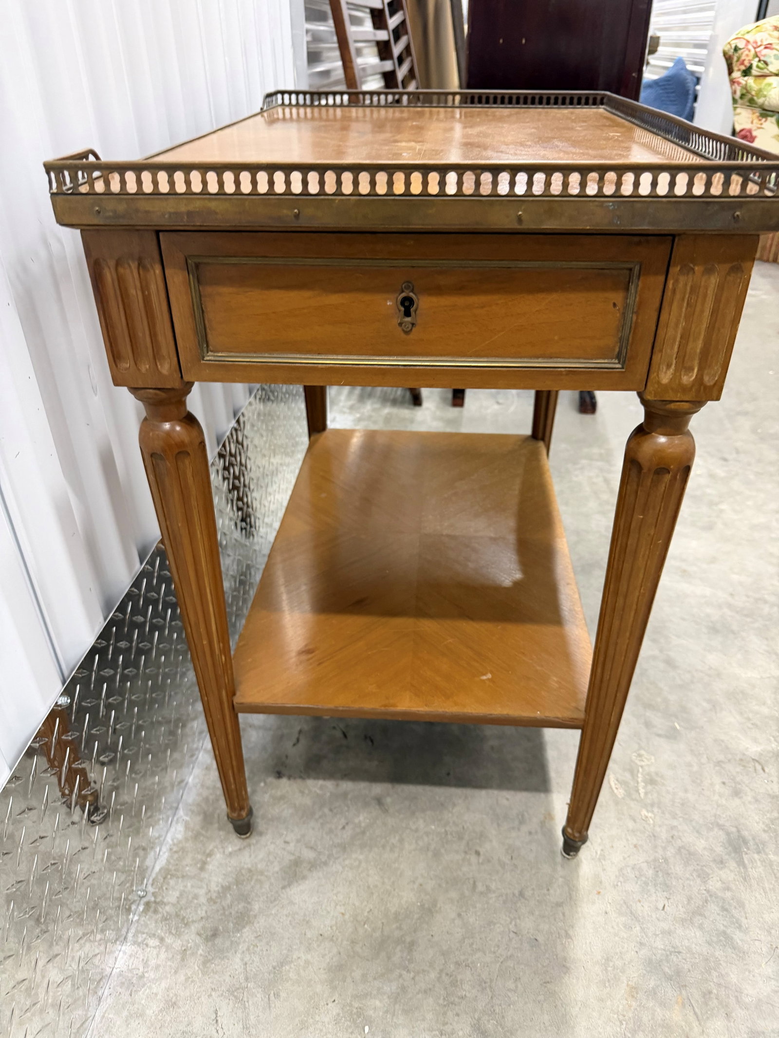 French Louis XVI Style Marquetry Inlaid End Table with Brass Gallery Rail - 2