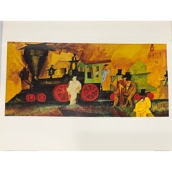 Lyonel Feininger, Old Locomotive (Altbau), 1913, Color Lithograph: A dynamic color lithograph by Lyonel Feininger, depicting his iconic Cubist-influenced style. The artwork, titled "Old Locomotive (Altbau)," from 1913, showcases a powerful black locomotive with